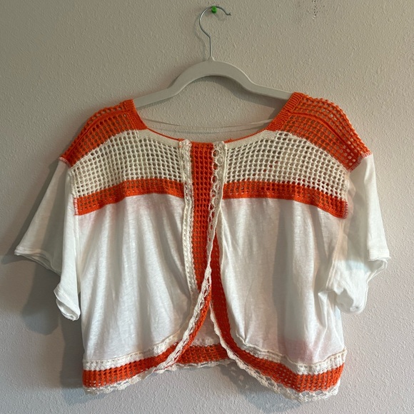 Free People Crop Top Tee Crochet Split-Back Short-Sleeves Women’s Medium White - Picture 6 of 8